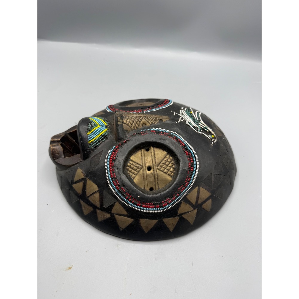 Hand Carved‎ African Beaded Wood Mask Bird Motif Brass Metal Inlay Wall Art 9" - Picture 4 of 7